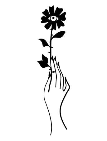 Female hand holds a mystical flower with an eye, magical boho tattoo for a witch, tarot icon, fortune telling, esoteric. Doodle symbol isolated on white background.のイラスト素材