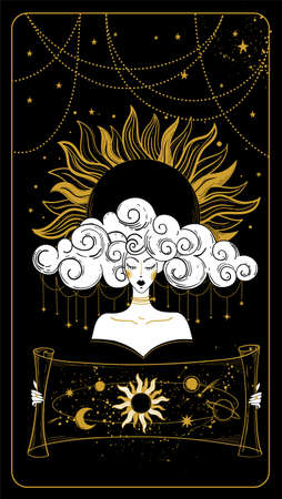 Mystical boho woman with magic book. Beautiful witch with a map of the universe, the moon and the sun. Queen or goddess of fate character. Vector map with black background, linear hand drawing.のイラスト素材