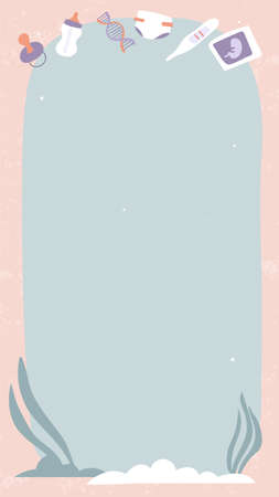 Beautiful modern motherhood card for advertising text. Baby shower background. Pregnancy test, pacifier, diaper. Card for pediatrician, vector illustration for doctor.のイラスト素材