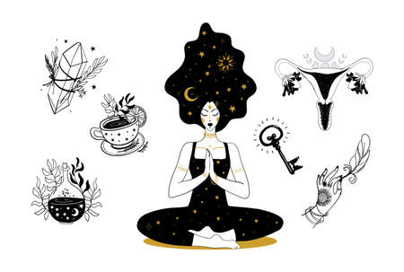 Set of mystical boho icons. Meditating woman hand drawn tattoo, witch crystals, womb symbol of sacred femininity, amulet. Artline illustration isolated on white background.のイラスト素材
