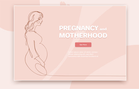Pink tender banner of pregnancy and motherhood. Cute pregnant woman smiling side view. Landing page with text. Vector line illustration.のイラスト素材