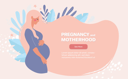 Modern beautiful pregnancy and maternity banner. Pregnant woman on a pink background, side view, copyspace for text, landing page, blank design. Flat vector cartoon illustration.のイラスト素材