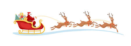 Santa Claus with a bag of gifts and a Christmas tree rides in a sleigh with reindeer, flat color cartoon vector silhouette isolated on white background. Christmas illustration for design, sticker.のイラスト素材