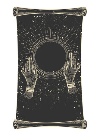 Magic scroll for halloween, hands hold a crystal ball of predictions. Black sheet of paper with a pattern isolated on a white background. Vector hand drawing illustration for a witch.のイラスト素材