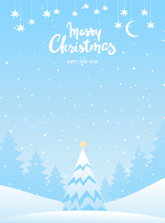Merry christmas, christmas tree with star in winter forest, new year card with copy space. Holiday template for winter sale, invitation. Cartoon vector illustration.のイラスト素材