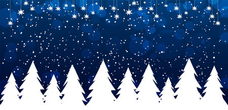 Silhouette of snowy Christmas trees against the background of the night blue sky with snowfall, winter banner, New Year s background for text. Flat vector illustration.のイラスト素材