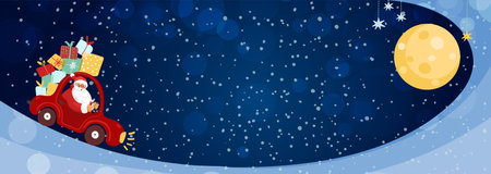 Christmas banner with place for text. Santa Claus is driving a car through the winter forest and carrying gifts. Flat cartoon vector template for design.のイラスト素材