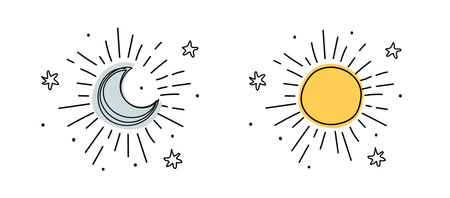 Weather icon set, shining crescent moon and sun with rays line drawing, simple boho tattoo with stars. Vector illustration isolated on white background.のイラスト素材