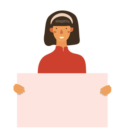 Chinese girl holding poster, concept of sisterhood and feminism, back to school billboard with copy space. Flat vector cartoon characterのイラスト素材
