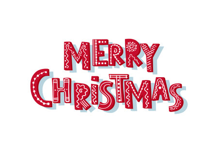 Merry Christmas. Red festive inscription with gingerbread decor, flat cartoon design isolated on a white background. Happy New Year.のイラスト素材