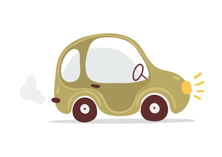 Funny green car, children s design, toy car for a boy, rules of the road. Vector flat illustration isolated on white background.のイラスト素材
