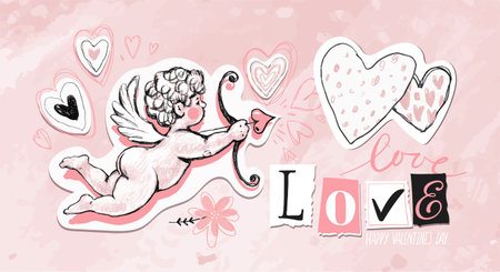 Modern romantic banner, Love, hearts and cupid with arrow, Valentine s Day card, invitation for wedding, date and relationship as a couple. Vintage vector pink backgroundのイラスト素材