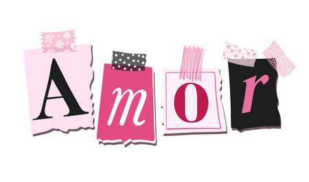 Love, a word in Spanish from newspaper letters, a collage for a wedding, a romantic date. Vector illustration in trendy colors of viva magenta isolated on white backgroundのイラスト素材