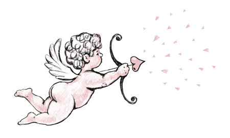 Vintage color drawing of baby angel, cupid archery. Cute flying angel with an arrow, pencil drawing,...