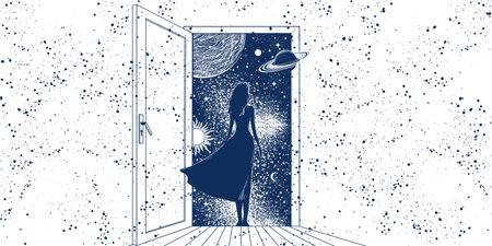Mystical background with a woman for astrology, the girl stands with her back at the open door to space. Magic illustration with planets, concept of surrealism and psychedelics. Vector banner.のイラスト素材
