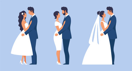 Bride and groom in different outfits set of flat simple illustrations for design, newlyweds, wedding anniversary. Elegant loving couple hugging vector collectionのイラスト素材