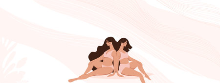 Women s health banner with copy space, beauty spa salon. Two sitting model girls in swimsuits, flat cartoon vector illustration, female template for text, lingerie store.のイラスト素材