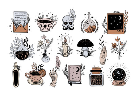 Set of mystical stickers, boho tattoo for witch, witchcraft and esoteric linear symbols, color vector illustration isolated on white background. Vintage design.のイラスト素材
