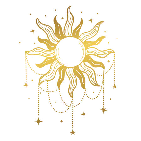 Golden boho sun richly decorated with jewelry, heavenly magic symbol, mythology, mystical sticker, witch tattoo. Vector line illustration isolated on white.のイラスト素材