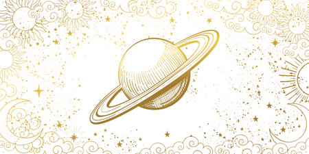 Astrological banner with the planet saturn on a white background with stars, mystical boho background for the zodiac, line drawing, vector illustration. Mystical pattern.のイラスト素材
