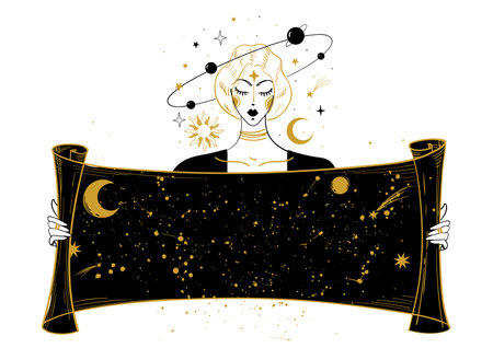 Mystical hand drawing in vintage style. A girl with flying planets holds a map of the universe with copy space. The concept of meditation and balance, spiritual calmness. Vector illustration.のイラスト素材