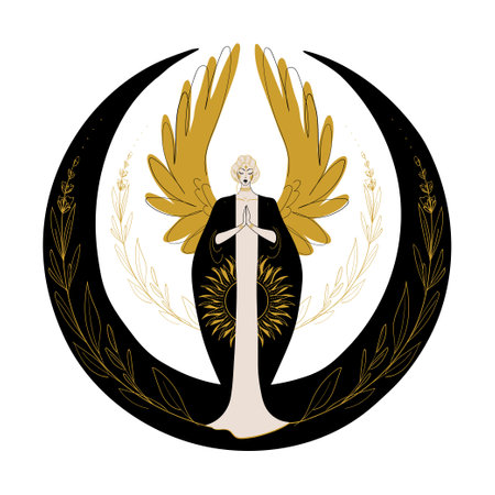 Mystical moon woman angel. Sacred boho tattoo, mystical astrological symbol, esoteric. Emblem for witch, mythical goddess. Vector line art illustration isolated on white.のイラスト素材