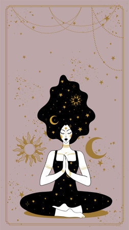 Meditating woman in lotus position, boho card with copy space for text. Vector line art illustration, girl practicing yoga, spiritual development concept.のイラスト素材