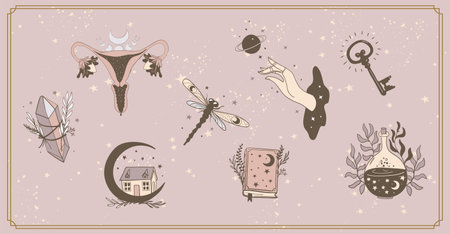 Set of mystical female symbols for witch, tarot divination, halloween icons for design, womb, book, house, key. Vector magic boho banner, collection of flat illustrations.のイラスト素材
