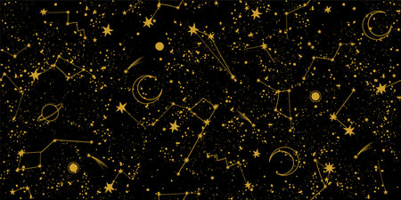 Black night sky with constellations seamless pattern for tarot. Template for astrology, natal chart, yoga. Boho banner with place for text, vector background for horoscope design.のイラスト素材