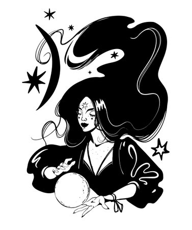 Beautiful witch with long hair and a magic crystal in her hands, modern vector boho print, mystical woman with moon and stars, black ink linear graphic illustration. Vector.のイラスト素材