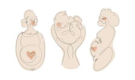 A set of illustrations with a beautiful pregnant woman and a newborn baby in the hands of a father, hand drawing continuing line, pregnancy and motherhood, vector illustration isolated on a white background.のイラスト素材