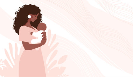 Beautiful black woman hugging a baby, motherhood and pregnancy concept, happy arab family, in vitro fertilization and pediatrics. Vector banner, background with copy space for text.のイラスト素材
