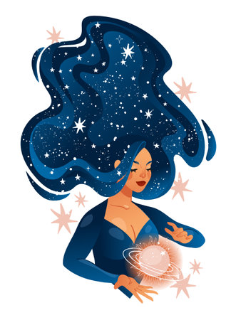 Beautiful boho witch with a magic ball of predictions, character for tarot, astrology, zodiac. Mystical female character with stars in her hair. Modern cartoon vector illustration.のイラスト素材