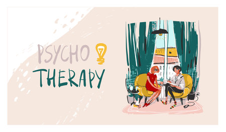 Psychologist listens to a patient in a psychotherapy session. A modern young woman at a psychologist, a humorous sketch about modern problems. Copy space banner. The concept of psychotherapeutic assistance. Flat vector illustration.のイラスト素材