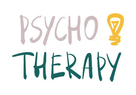 Psychotherapy banner, sketch with a marker, inscription with a light bulb symbol, modern design, hand drawing. Vector illustration isolated on white background.のイラスト素材