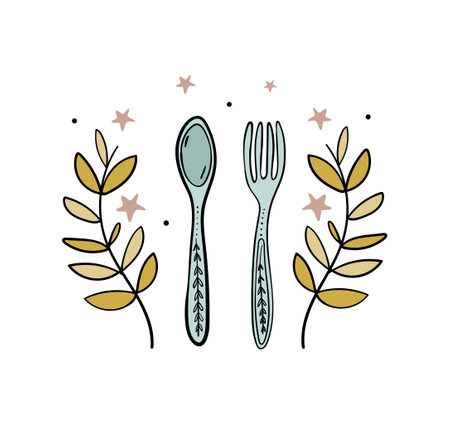 Color vintage line drawing fork and spoon in boho style with floral ornament, modern icon for menu, wedding, diet. Doodle illustration for cafe, restaurant. Vector isolated on white background.のイラスト素材