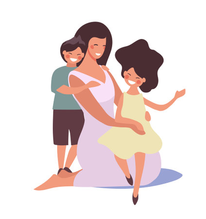 Mother hugging with son and daughter, happy family with children, woman with boy and girl, mother s day flat illustration. Flat cartoon vector isolated on white background.のイラスト素材