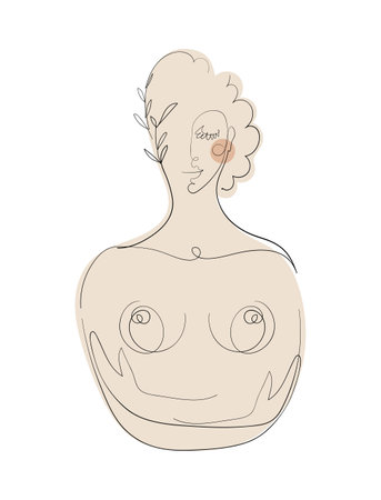 One line abstract female erotic portrait, beautiful topless woman hugging herself, beauty salon, plastic surgery, female cosmetics. Vector illustration isolated on white backgroundのイラスト素材