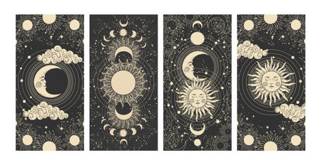 Astrology and mysticism celestial poster set, sun and moon, mystical tarot cards, flat engraving illustrations, line drawing on black background. vector magic bannerのイラスト素材