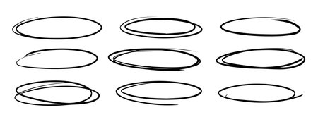 A set of ovals drawn with a pen, pencil, marker. Blank bubble for text, scribble stroke. Vector Handwritten underline element isolated on white backgroundのイラスト素材