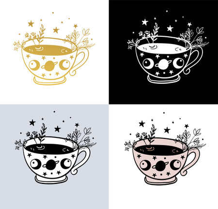Mystical mug with magic drink, cup with potion, coffee for witch, illustration set, vector sketch by line isolated on white background.のイラスト素材