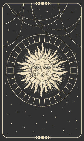 Boho mystical vintage sun with face on black universe background, tarot cards, boho illustration, magic card. Vector hand drawing.のイラスト素材