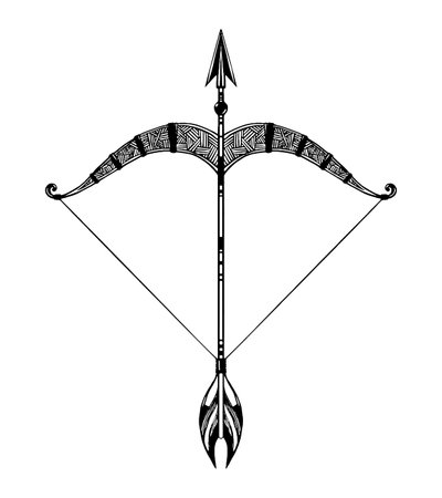 Bow and arrow, Sagittarius zodiac sign, vintage sport weapon, stylized hand drawing, boho tattoo, engraving, vector illustration isolated on white background. decorative historical elementsのイラスト素材