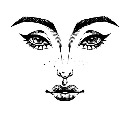 Sexy female face with makeup, logo for beauty salon, nautral cosmetics. Engraving, hand drawing symbol of eyes and lips of a woman with freckles. Vector illustration isolated on white backgroundのイラスト素材