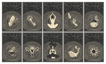 Set of magical tarot cards for witch, mystical symbols and witchcraft items. Fortune teller occult illustrations, bohemian spiritual astrology templates, witch vector illustration collectionのイラスト素材