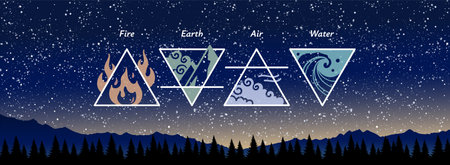 Logo of the four alchemical elements on the background of the starry sky, earth, air, fire, water,...