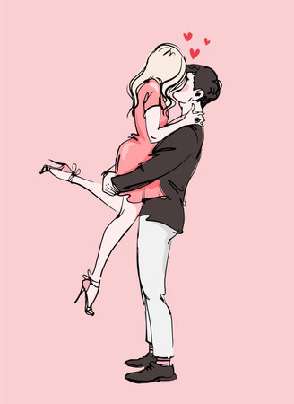 A young couple in love hugs, the guy lifted the girl dressed in a beautiful short dress and high heels, date, relationship, valentine's day card. Flat vector cartoon illustration, wedding invitationのイラスト素材