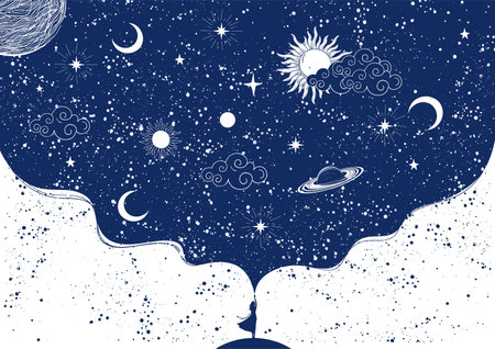 A woman touches the cosmos with her hand, mystical poster of the universe, imagination, astrology. Zodiac banner with planets, stars and sun on blue space background. Flat vector illustration.のイラスト素材
