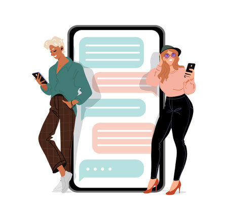 The guy and the girl communicate online in a social network. Application for dating, long-distance relationships, modern lifestyle. Flat vector cartoon illustration isolated on white backgroundのイラスト素材