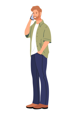Guy student uses smartphone, communication concept, social networks, gadgets. A bearded man is talking on the phone, a modern character in jeans and a shirt. Flat vector illustration isolated on white backgroundのイラスト素材